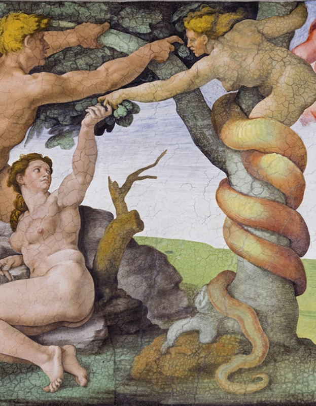 Fall and Expulsion from Garden of Eden Closeup by artist Michelangelo Buonarotti